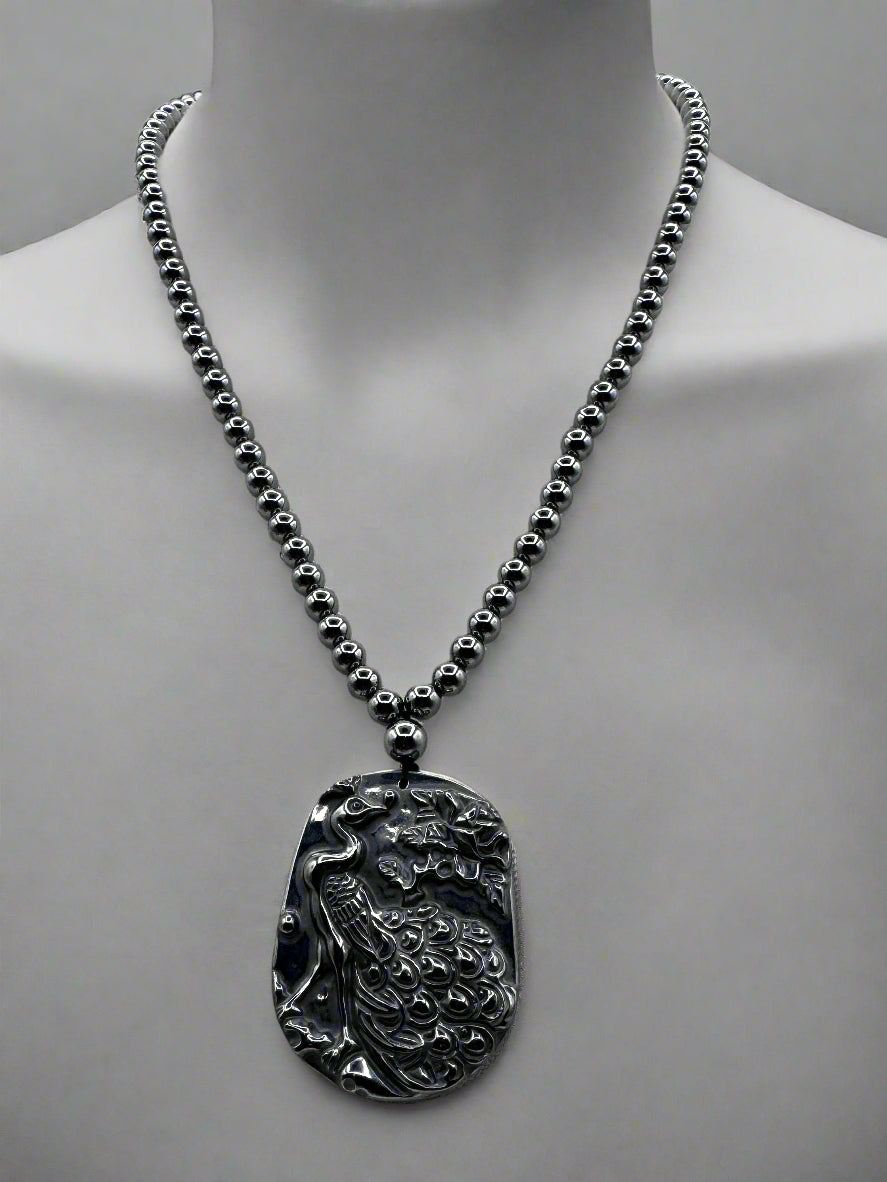 Sterling Silver Terahertz Bead Necklace with Carved Peacock Pendant + Matching Bracelet
