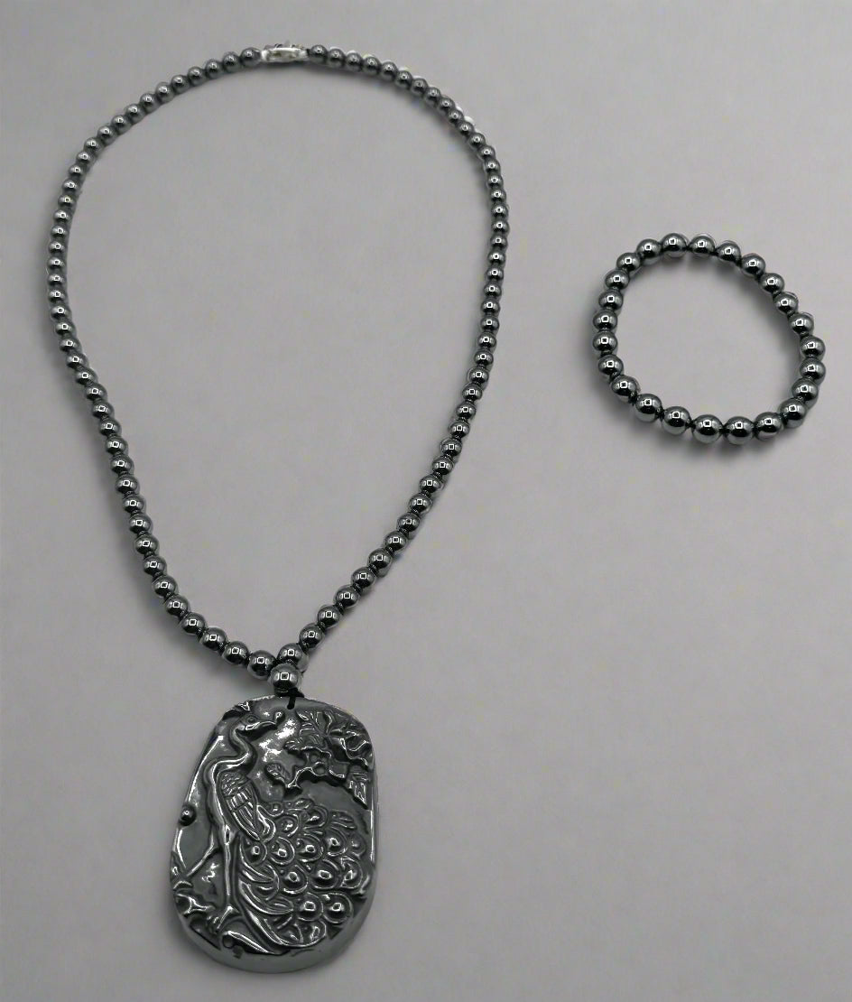 Sterling Silver Terahertz Bead Necklace with Carved Peacock Pendant + Matching Bracelet