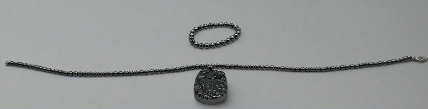Sterling Silver Terahertz Bead Necklace with Carved Peacock Pendant + Matching Bracelet