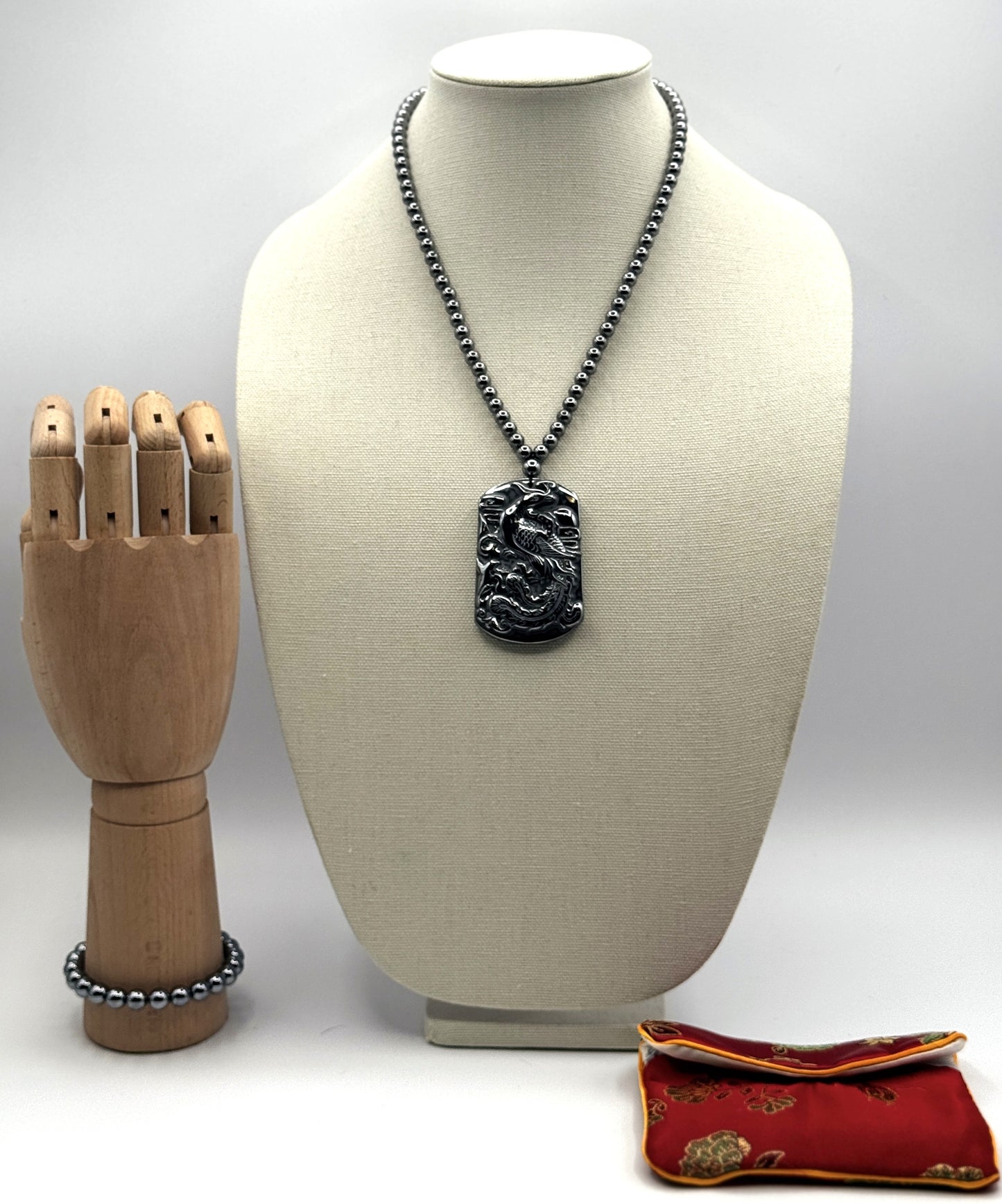 Sterling Silver Terahertz Necklace with Carved Phoenix & Dragon Pendant + Bracelet