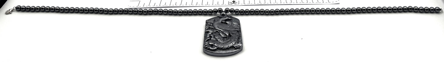 Sterling Silver Terahertz Necklace with Carved Phoenix & Dragon Pendant + Bracelet