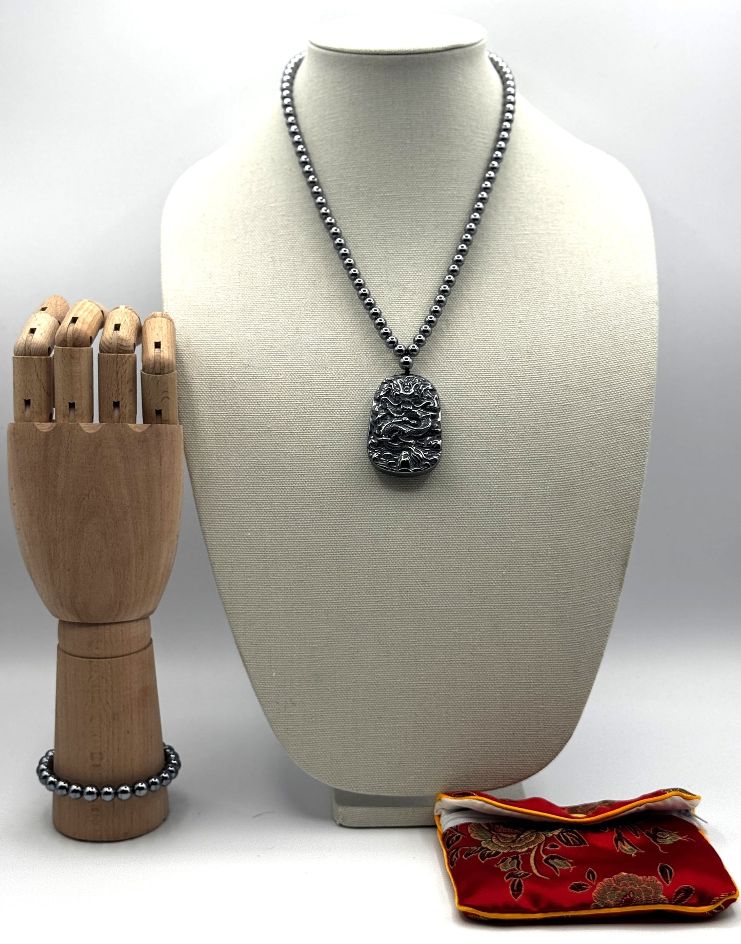 Sterling Silver Terahertz Bead Necklace with Carved Dragon Pendant + Matching Bracelet