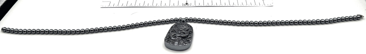 Sterling Silver Terahertz Bead Necklace with Carved Dragon Pendant + Matching Bracelet