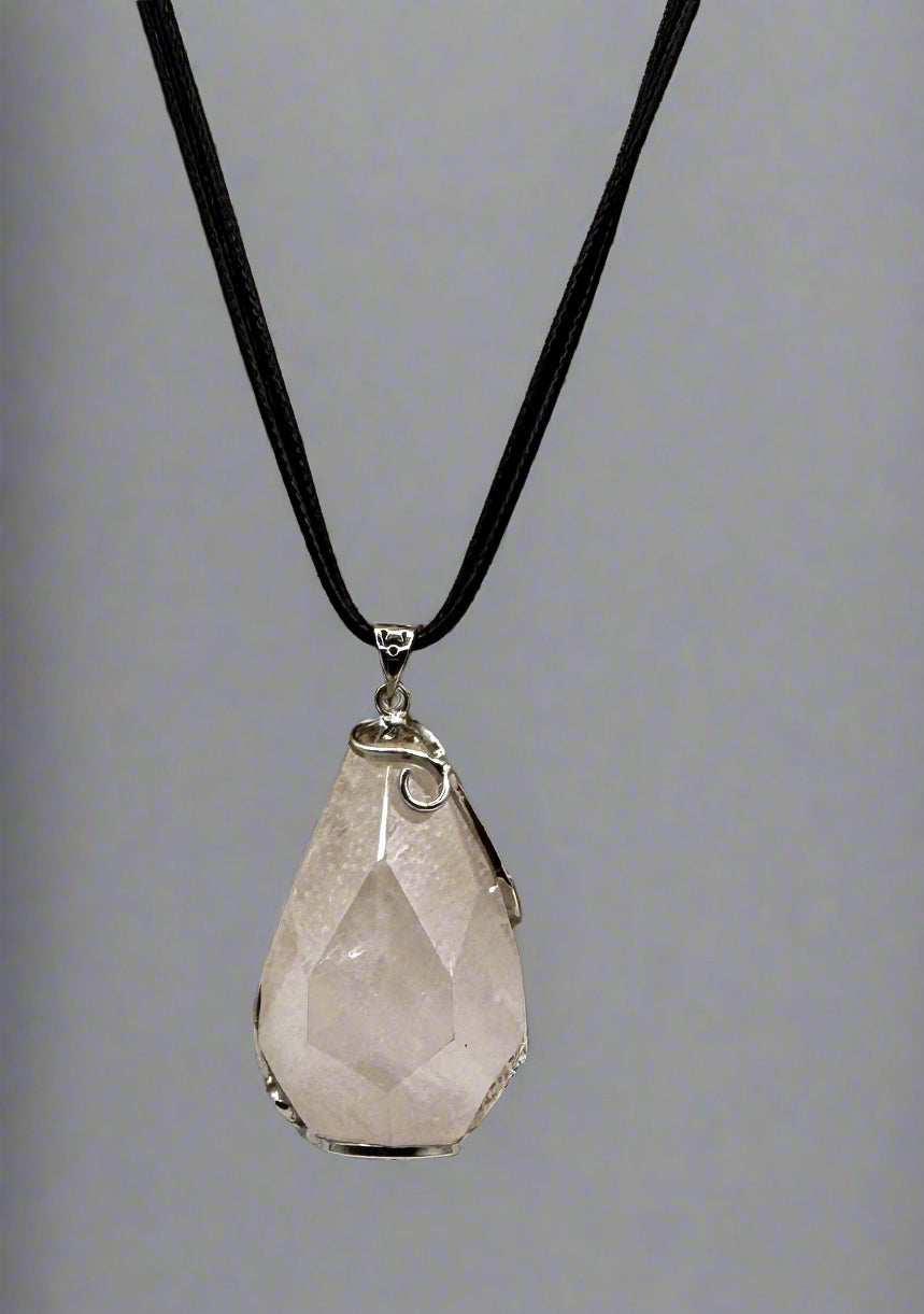 SJ Pearl Rose Quartz Teardrop Pendant Necklace on Black Cord