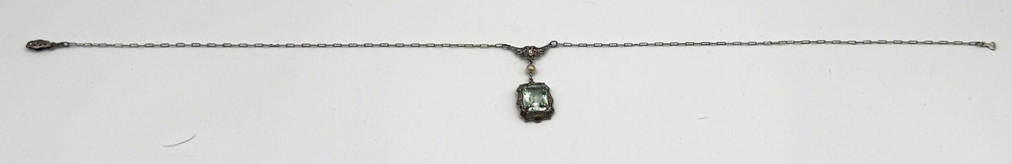 Vintage Art Deco Sterling Silver Filigree Necklace – Beveled Glass & Pearl Drop