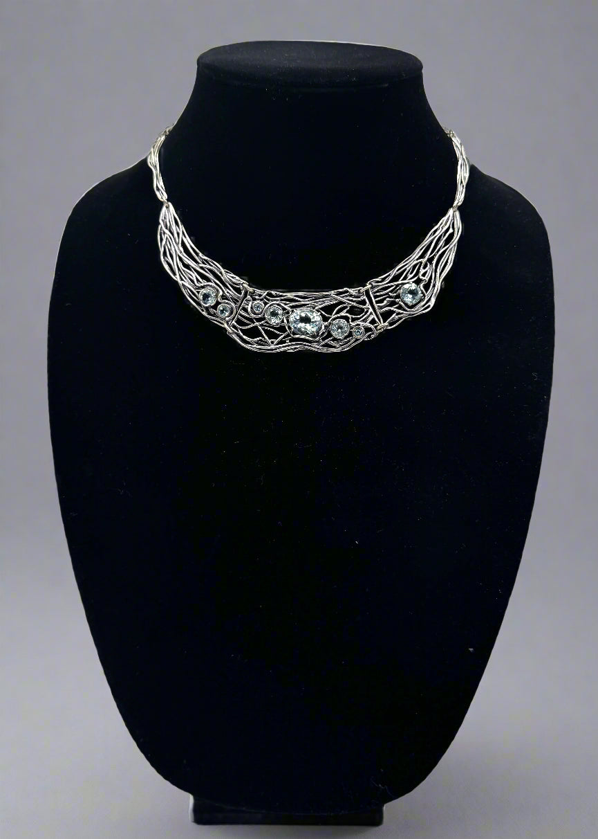 Or Paz Modernist Sterling Silver Collar Necklace with Blue Topaz Accents