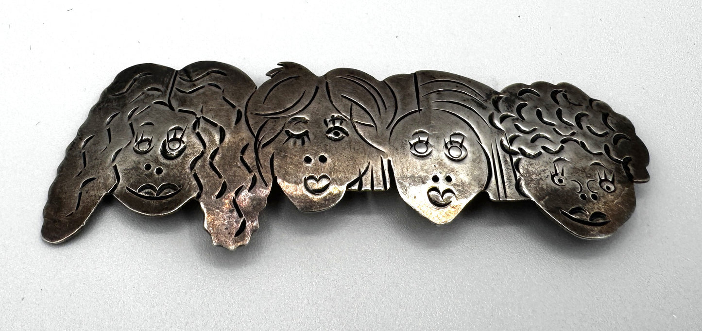 Vintage Sterling Silver “Girlfriends” Face Brooch – Signed .925