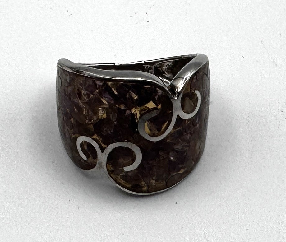 Sterling Silver & Crushed Amethyst Swirl Wide Band Ring – Size 10