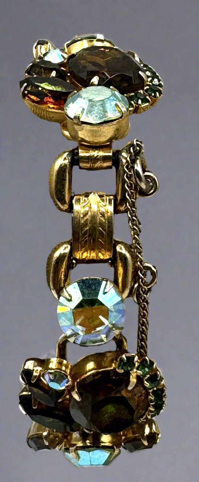 Vintage Juliana D&E Rhinestone Bracelet – Watermelon Heliotrope, Green & Amber