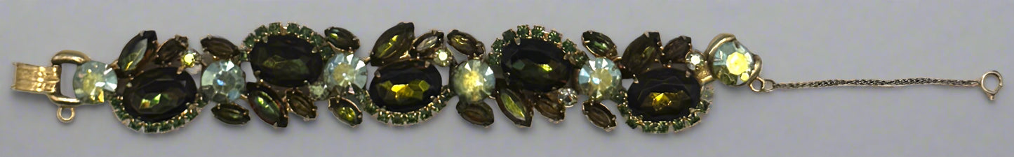 Vintage Juliana D&E Rhinestone Bracelet – Watermelon Heliotrope, Green & Amber