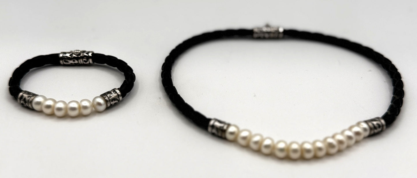 Sterling Silver, Leather & Freshwater Pearl Jewelry Set