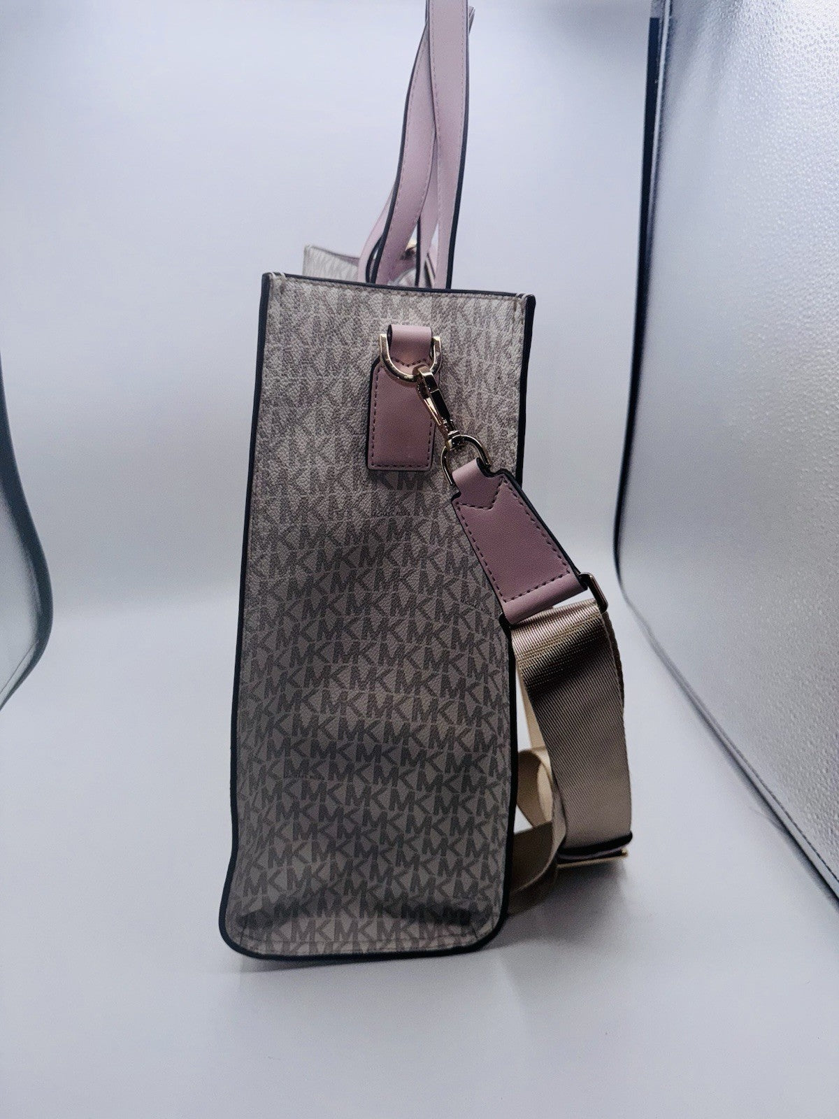 Michael Kors Kenly Large North South Tote PVC Leather White Pink  MK Signature