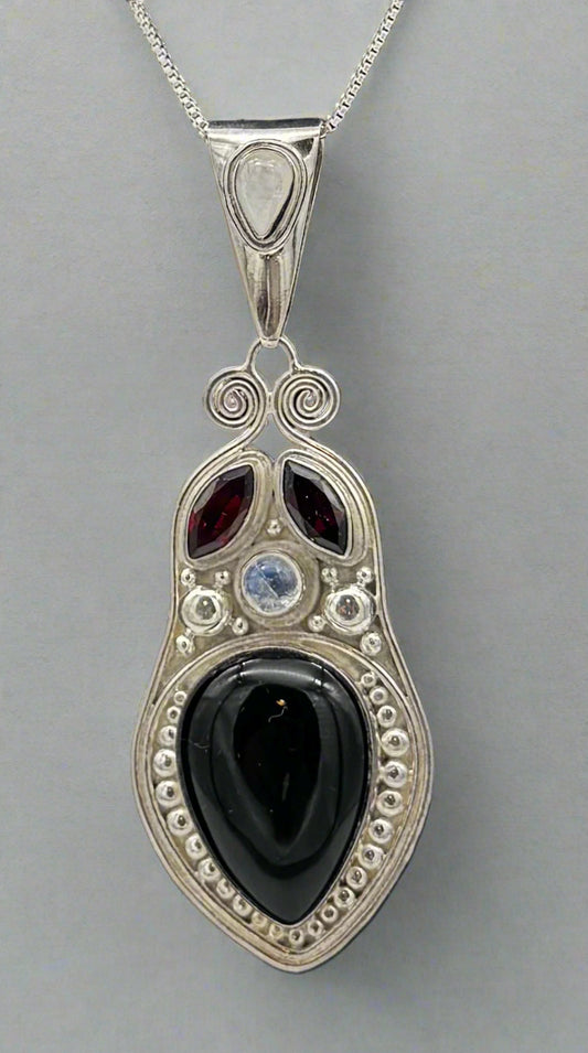 Vintage Sterling Silver Pendant Necklace with Multi-Gem Design – 18”