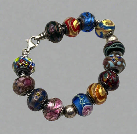 Sterling Silver Murano Glass Bead Bracelet – Vibrant Artisan Lampwork Charm Jewelry