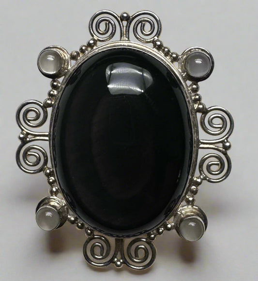 Sajen Sterling Silver Sheen Obsidian & Moonstone Brooch Pendant