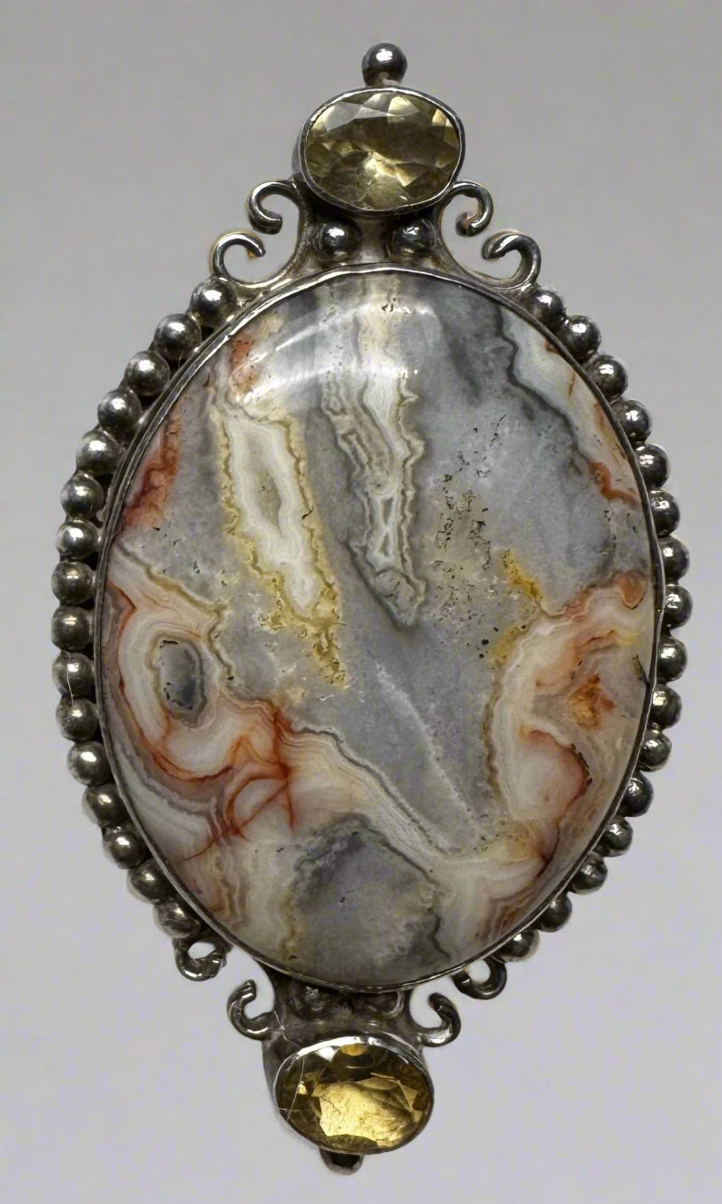 Sajen Sterling Silver Crazy Lace Agate & Citrine Brooch Pendant