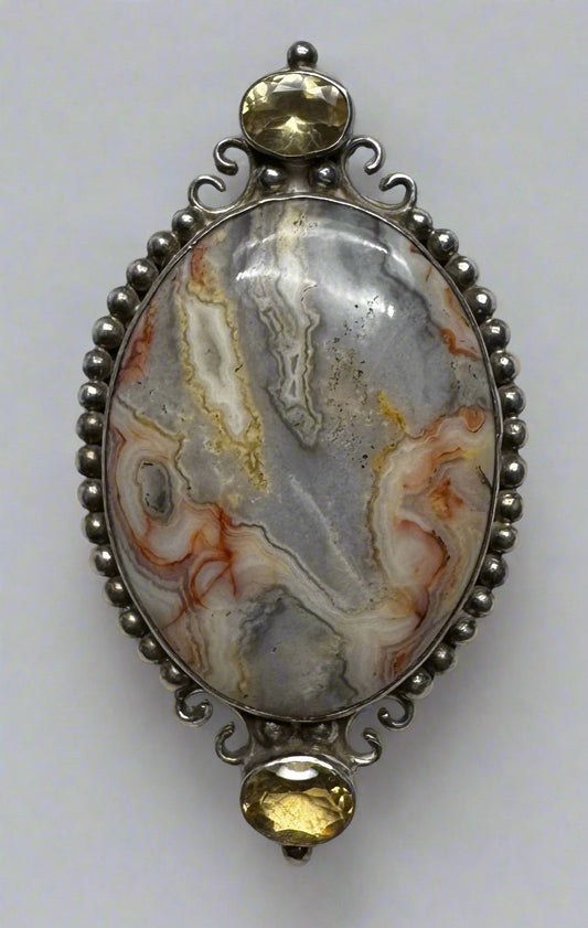 Sajen Sterling Silver Crazy Lace Agate & Citrine Brooch Pendant