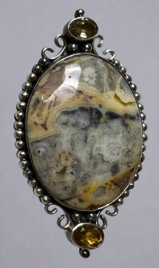 Sajen Sterling Silver Crazy Lace Agate & Citrine Brooch Pendant