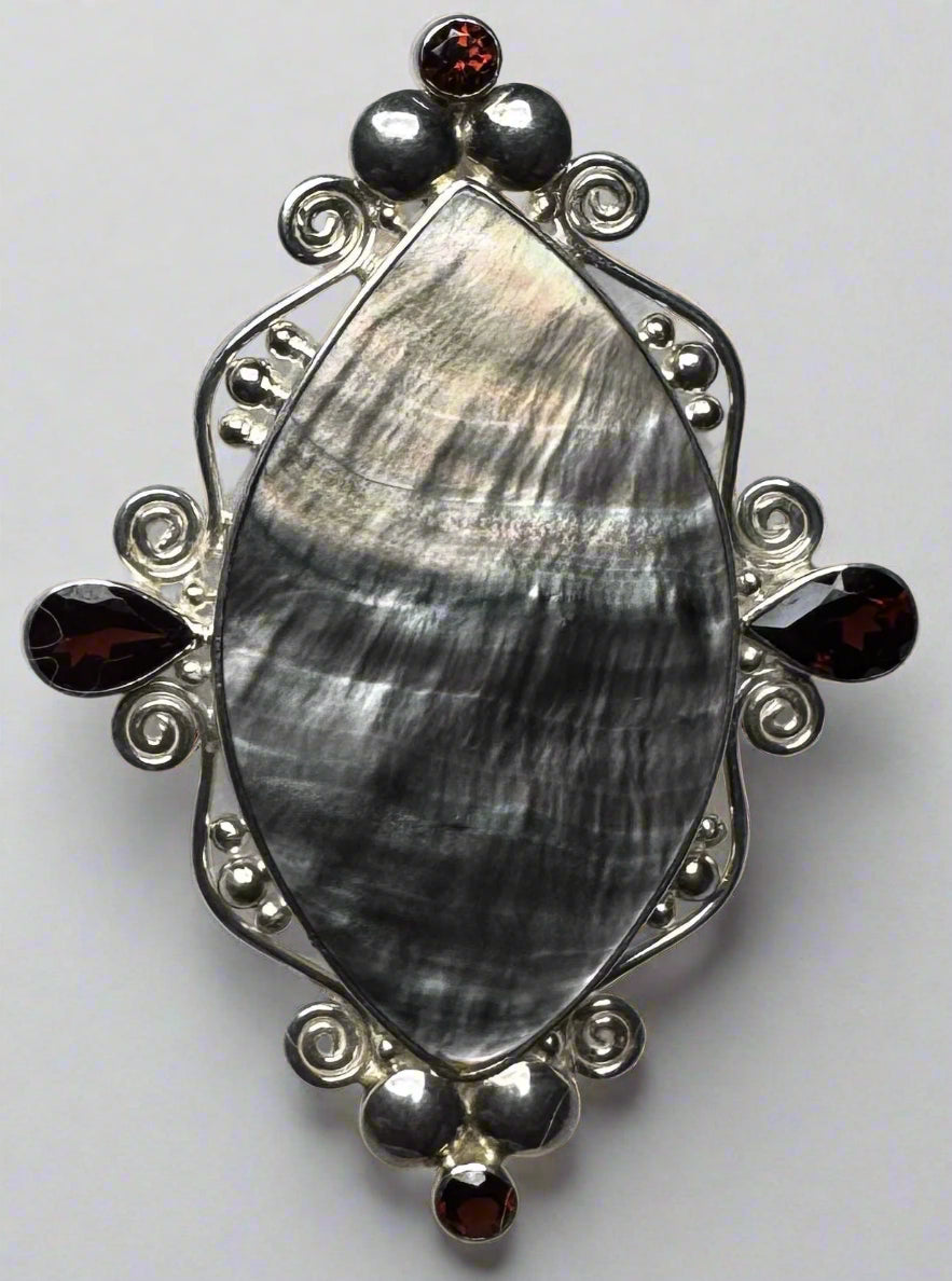Sterling Silver Sajen Mother of Pearl & Garnet Pendant Brooch