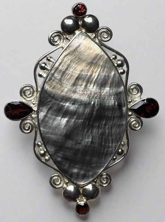 Sterling Silver Sajen Mother of Pearl & Garnet Pendant Brooch