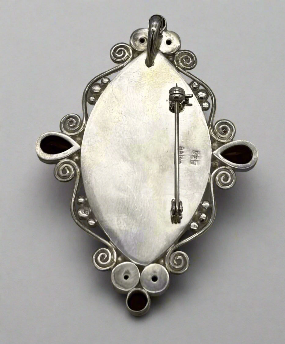 Sterling Silver Sajen Mother of Pearl & Garnet Pendant Brooch