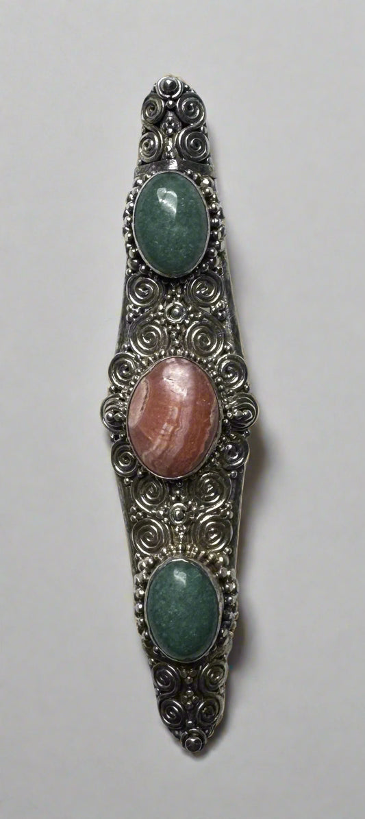Vintage Sterling Silver Filigree Brooch with Rhodochrosite & Aventurine
