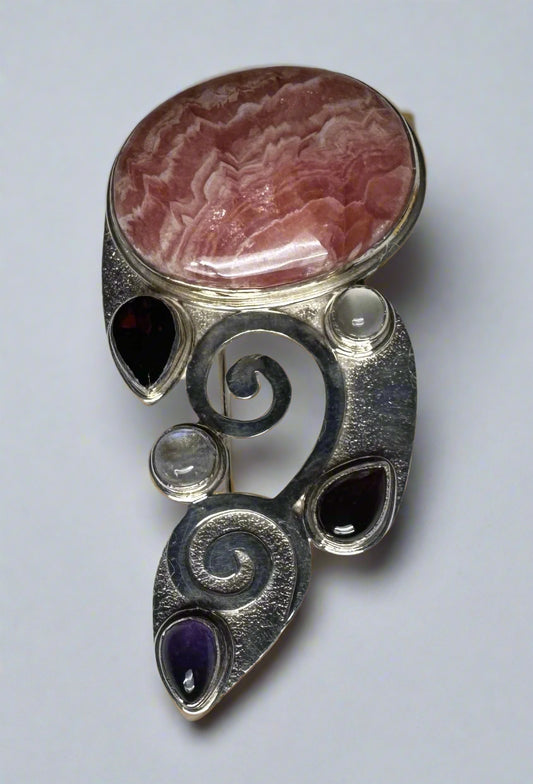 Sajen Sterling Silver Rhodochrosite & Multistone Spiral Pendant Brooch