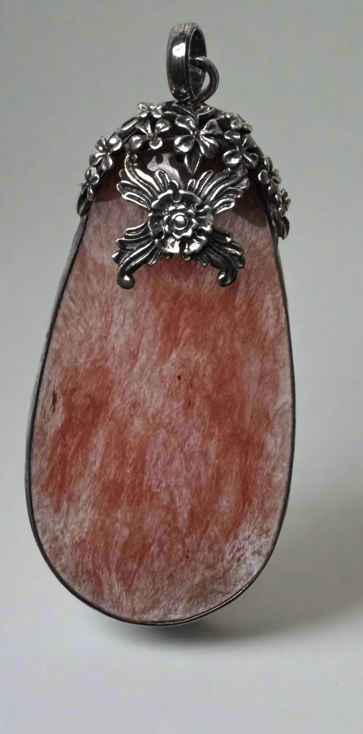 Vintage Sterling Silver Watermelon Quartz Pendant with Floral Cap