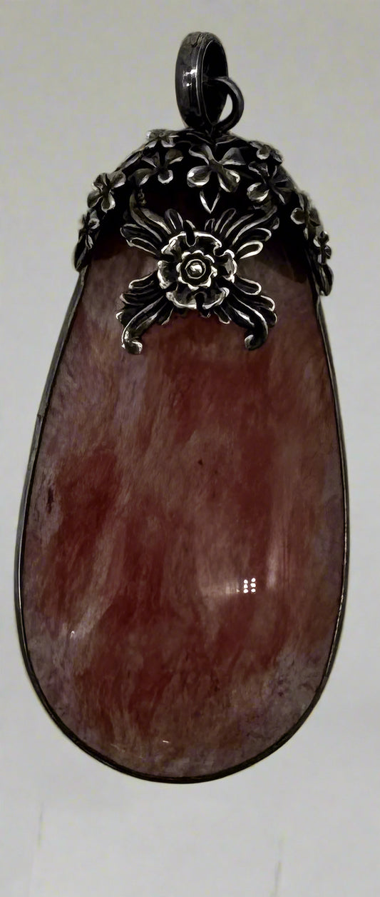 Vintage Sterling Silver Watermelon Quartz Pendant with Floral Cap