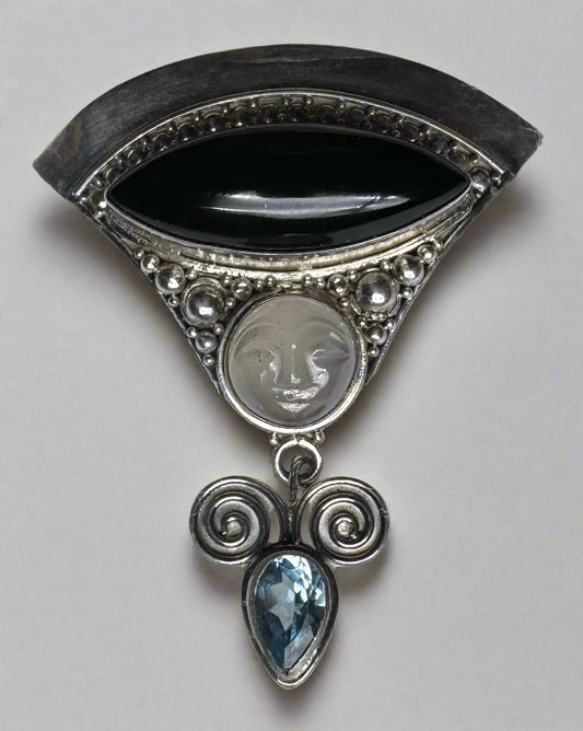 Sajen Sterling Silver Onyx, Rainbow Moonstone & Blue Topaz Pendant Brooch