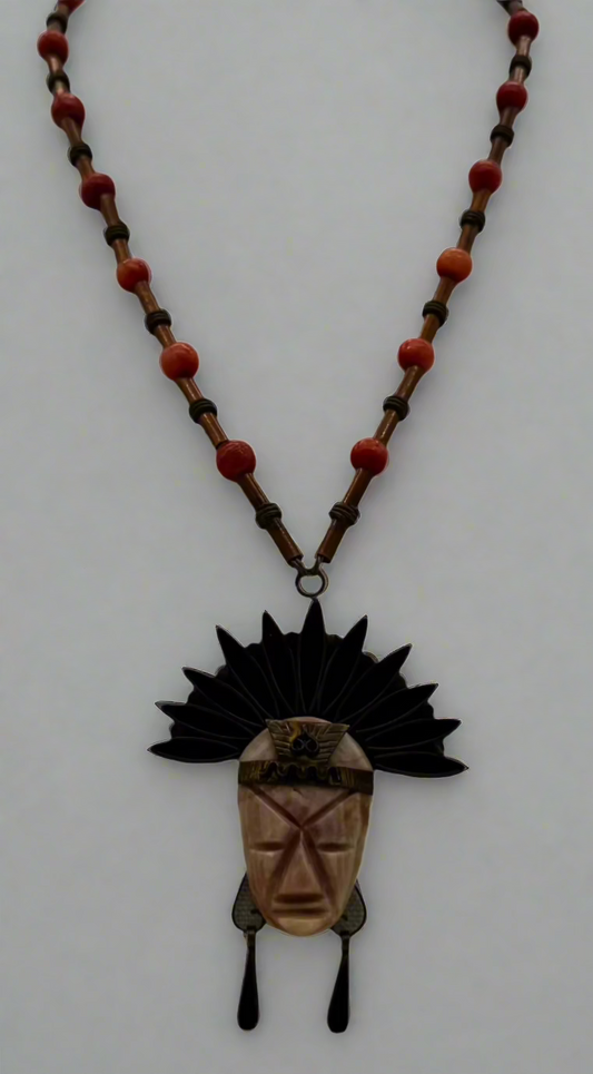 Vintage Tribal Headdress Pendant Necklace – 25” – Brass, Coral, and Carved Stone