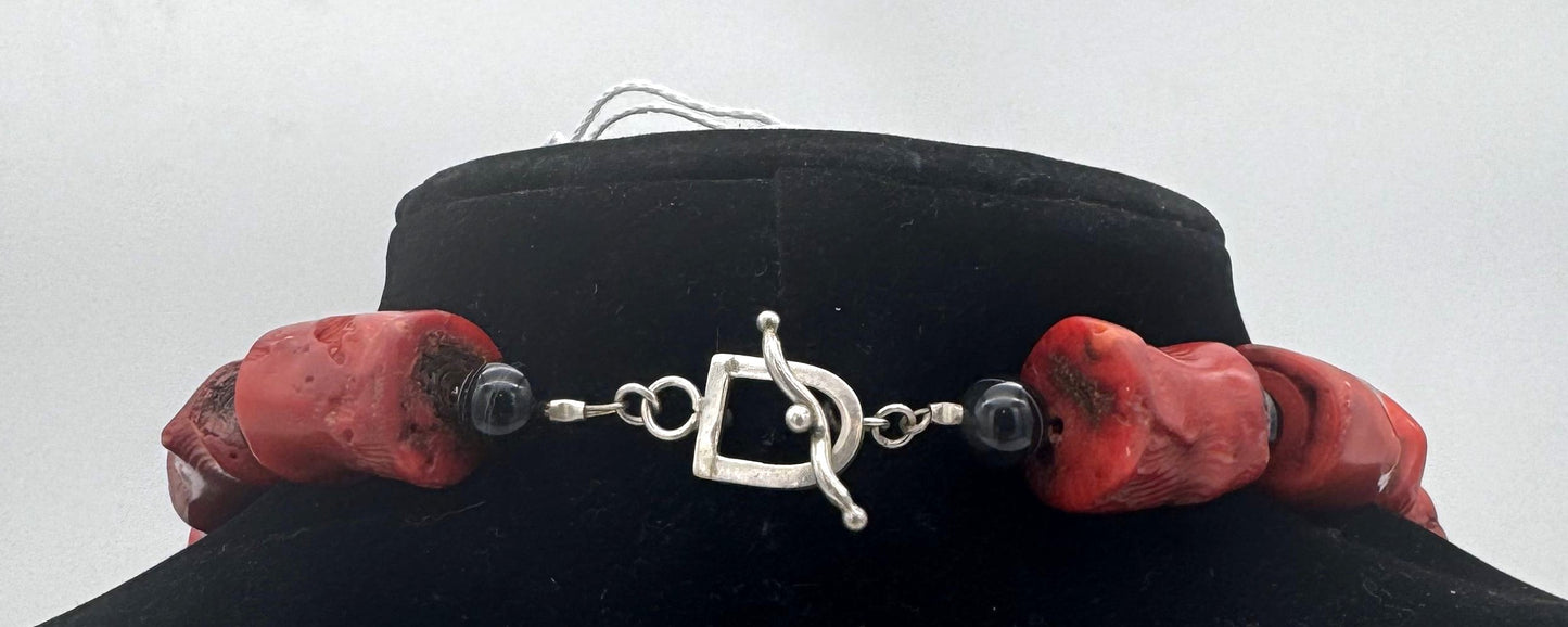 Chunky Genuine Red Coral Necklace – Sterling Silver Toggle Clasp (23")