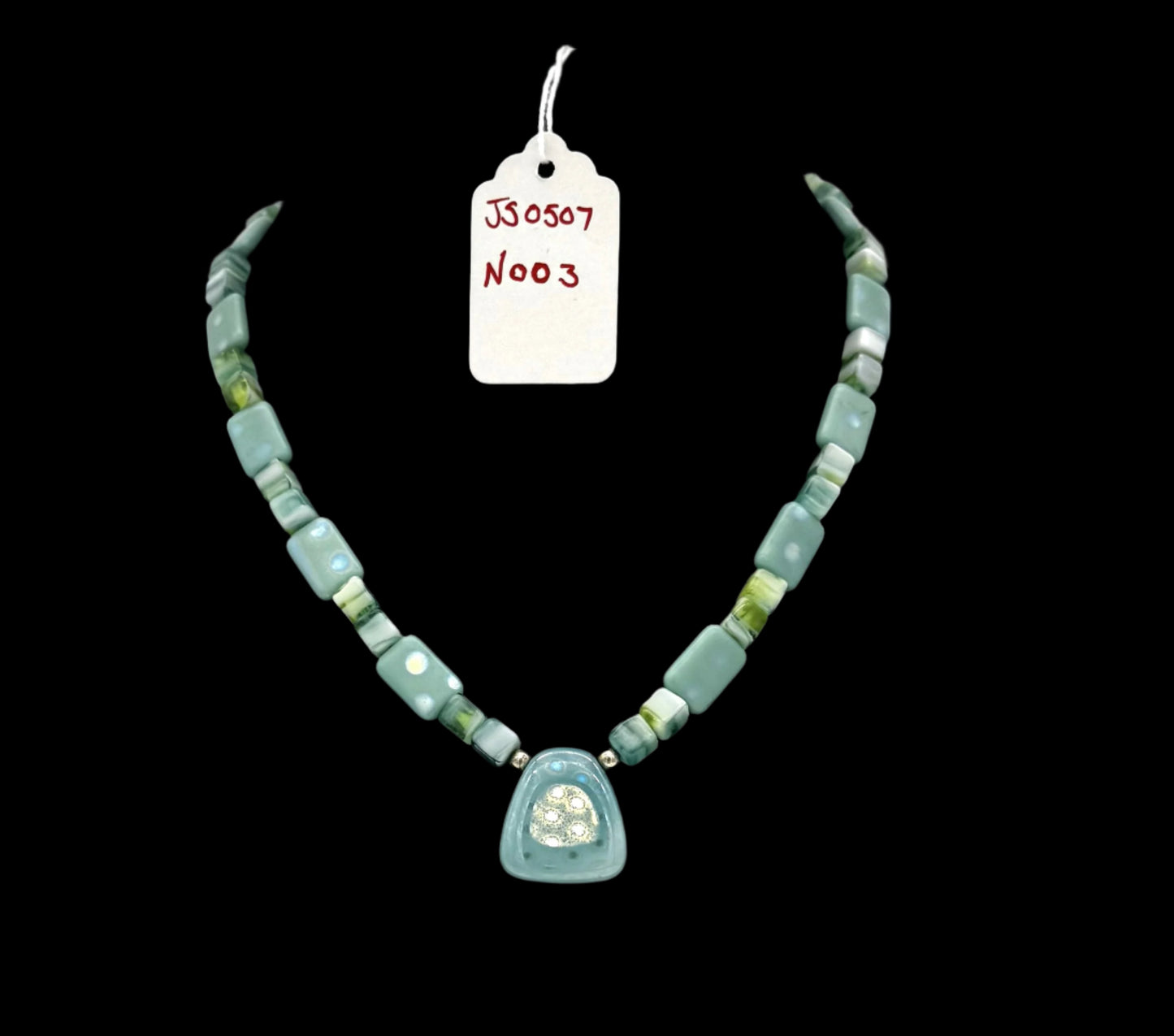 Mint Green Fused Glass Pendant Necklace – Sterling Silver Accents (23")