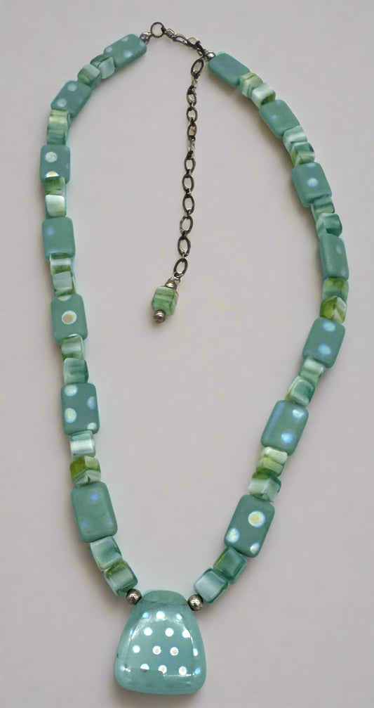 Mint Green Fused Glass Pendant Necklace – Sterling Silver Accents (23")