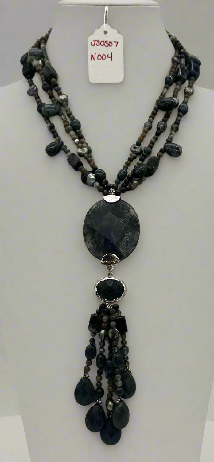 Moss Agate Multi-Strand Statement Necklace – Sterling Silver Accents (Adjustable)