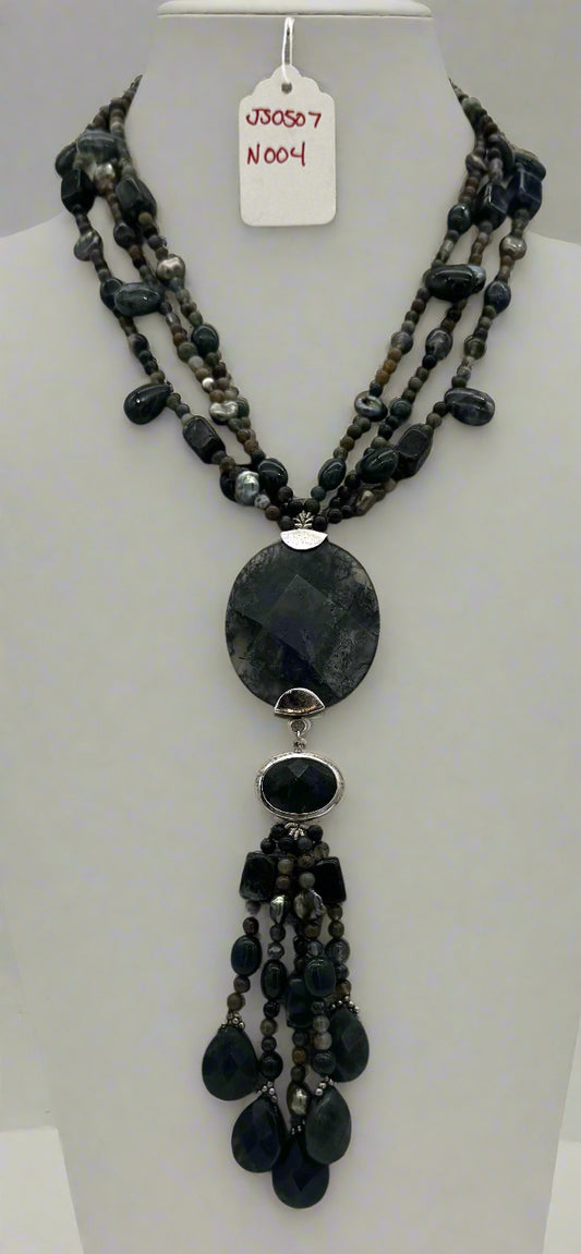 Moss Agate Multi-Strand Statement Necklace – Sterling Silver Accents (Adjustable)