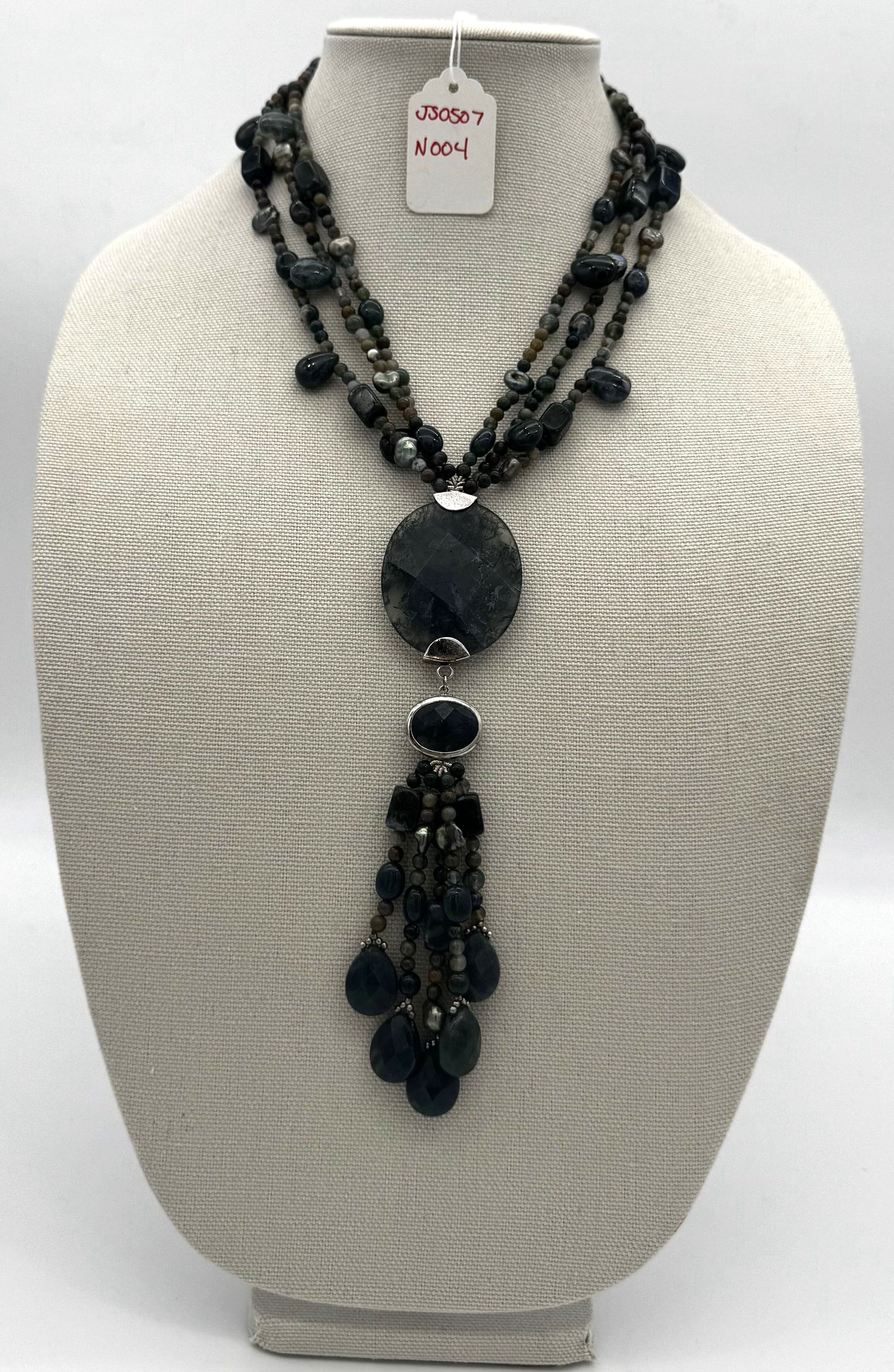 Moss Agate Multi-Strand Statement Necklace – Sterling Silver Accents (Adjustable)