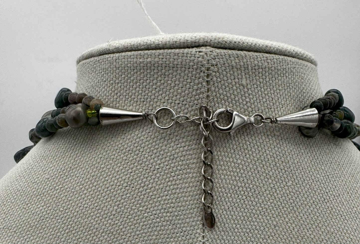 Moss Agate Multi-Strand Statement Necklace – Sterling Silver Accents (Adjustable)