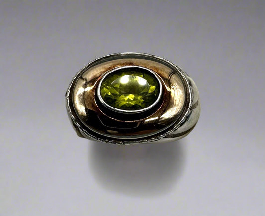 Sterling Silver & 14K Accent Statement Ring – Green Gemstone – Size 8.5