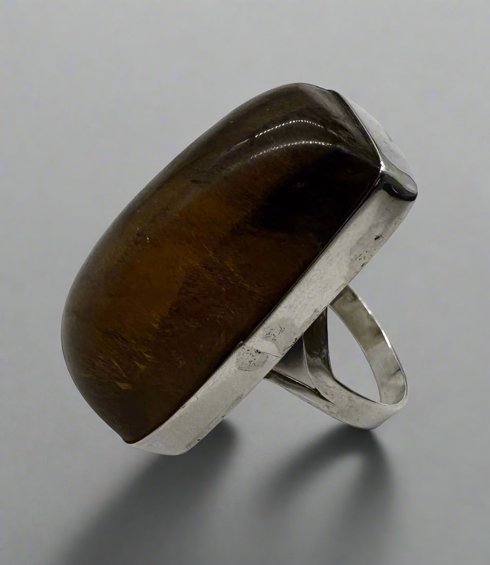 Sterling Silver Amber Statement Ring – Size 8 Oval Domed Cabochon