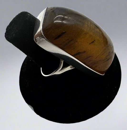 Sterling Silver Amber Statement Ring – Size 8 Oval Domed Cabochon