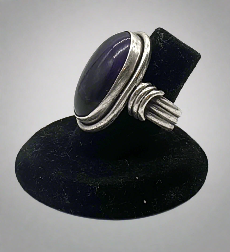 Sterling Silver Amethyst Ring – Size 6 Oval Cabochon with Wrapped Band Detail