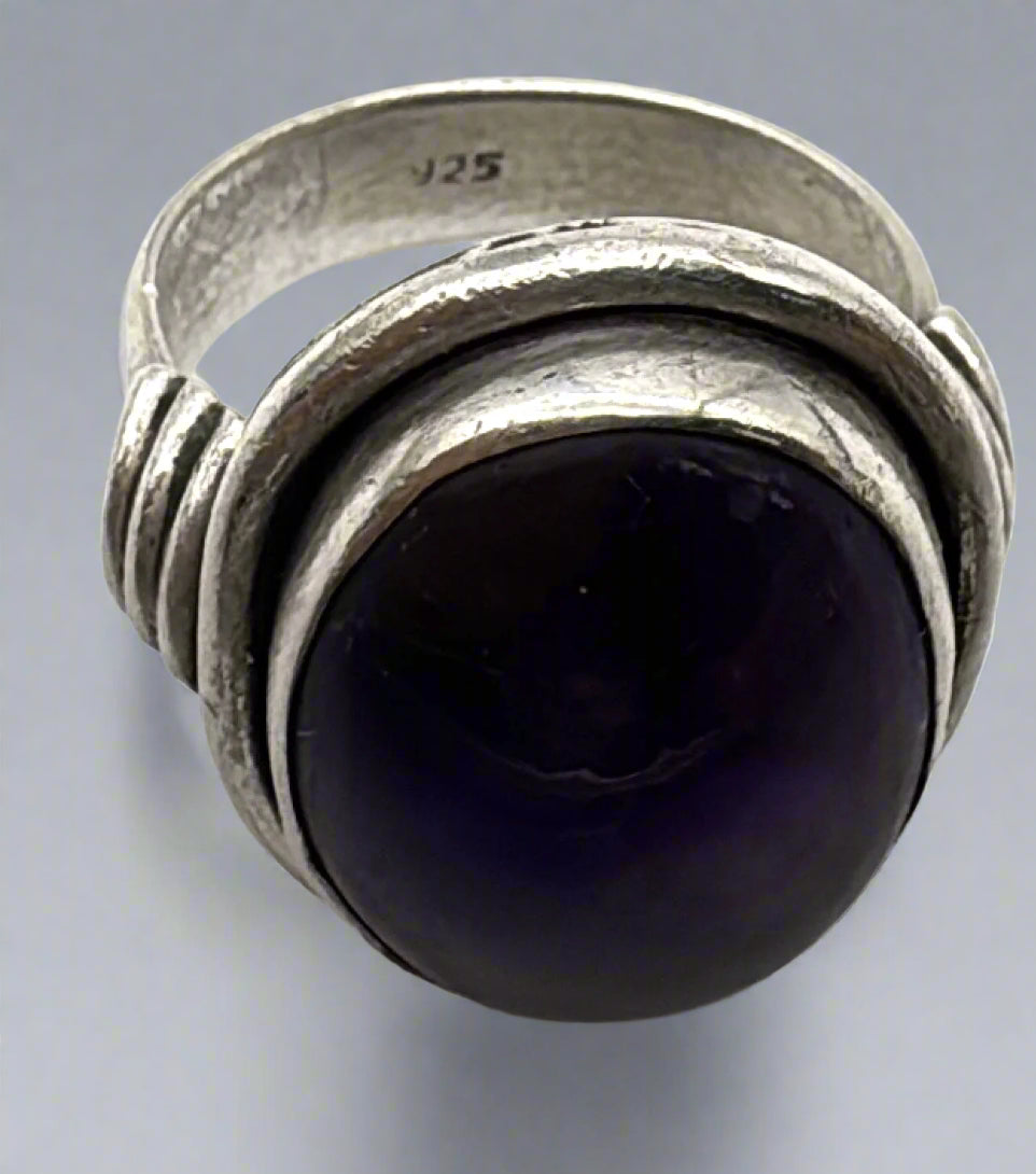 Sterling Silver Amethyst Ring – Size 6 Oval Cabochon with Wrapped Band Detail