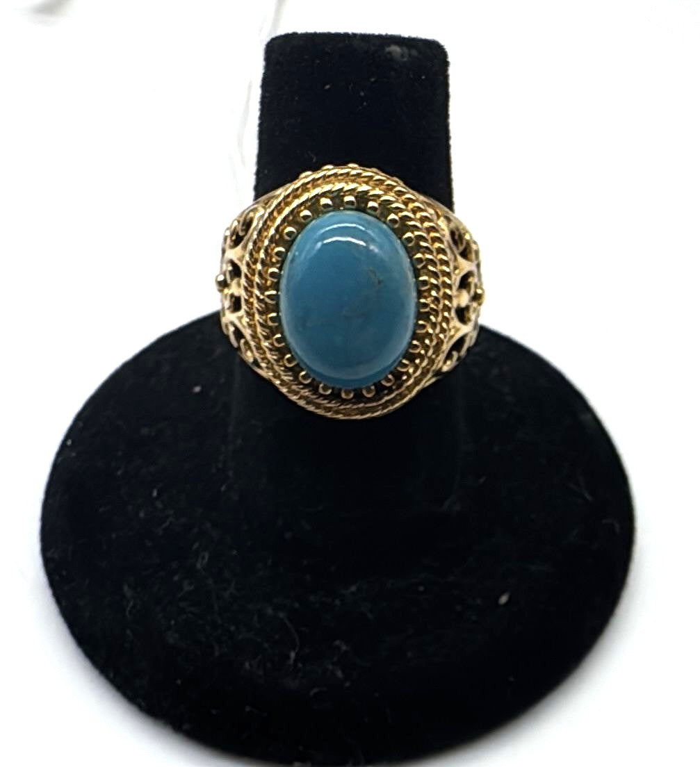 Gold Over Sterling Silver Filigree Ring – Blue Stone Cabochon – Size 6