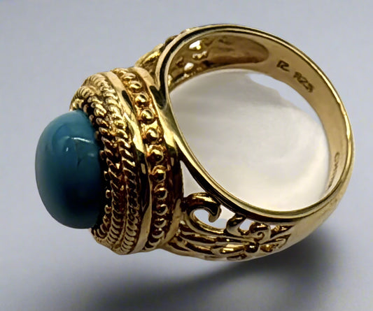 Gold Over Sterling Silver Filigree Ring – Blue Stone Cabochon – Size 6