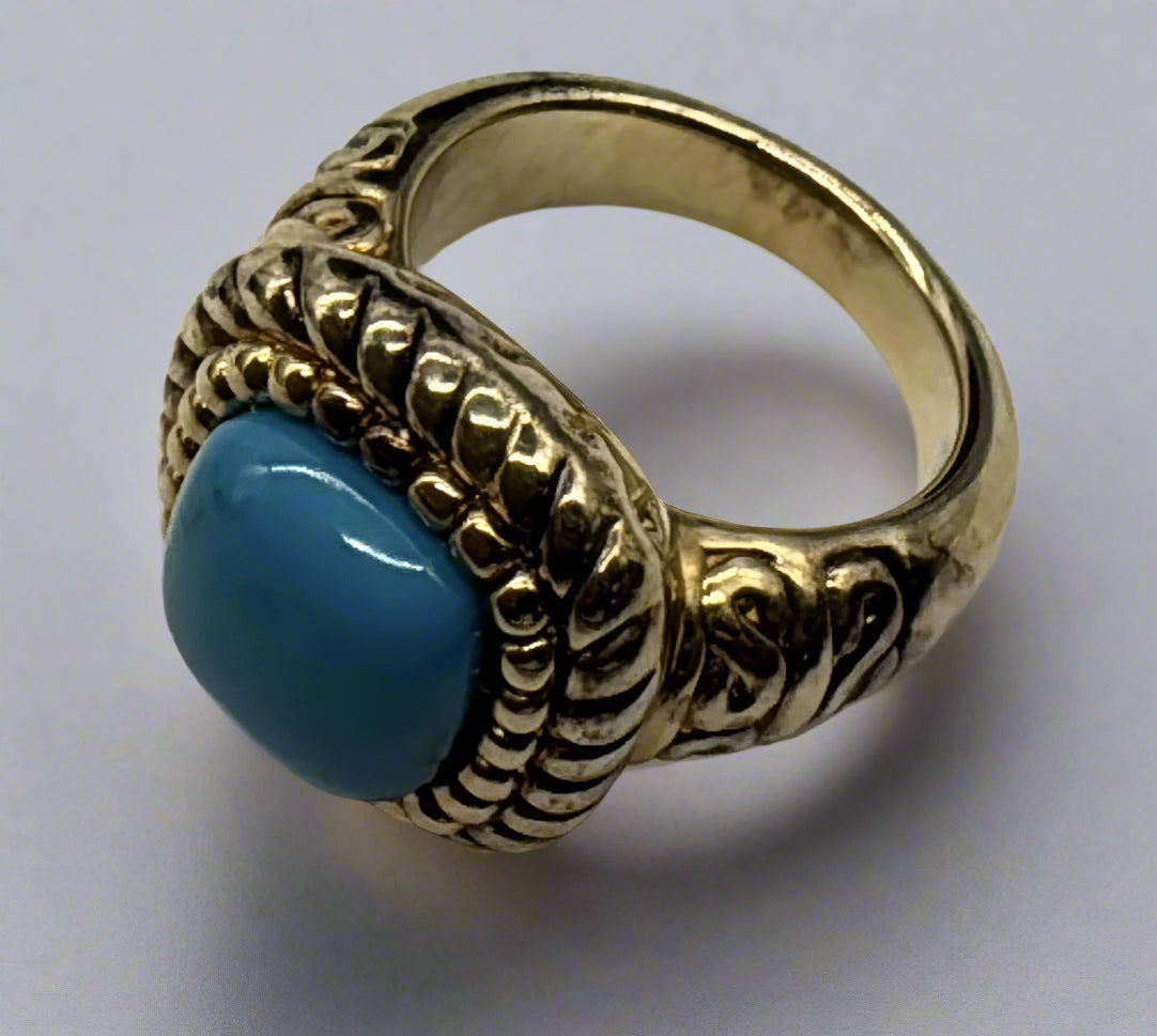 Gold Over Sterling Silver Ornate Ring – Blue Stone Center – Size 6