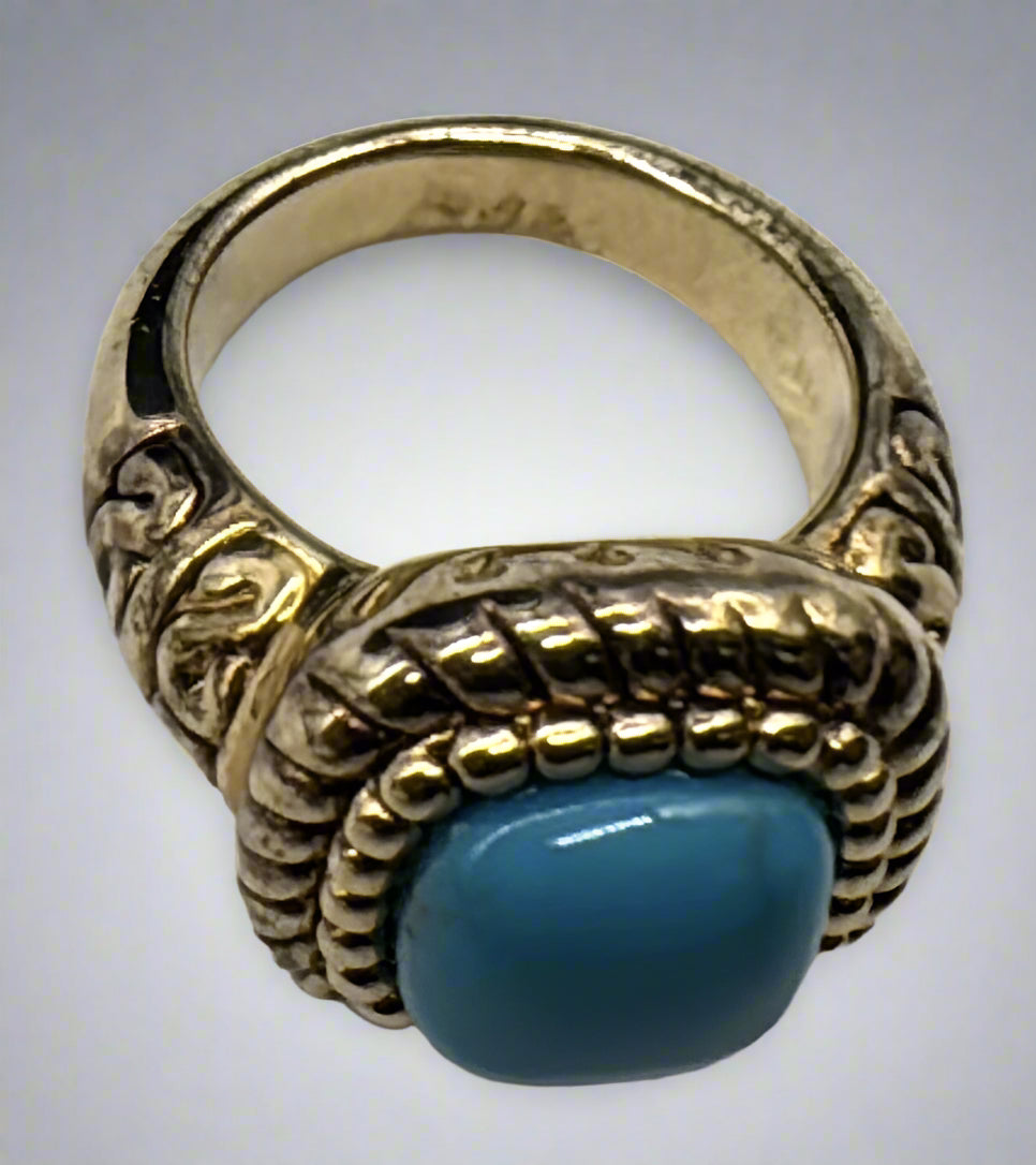 Gold Over Sterling Silver Ornate Ring – Blue Stone Center – Size 6