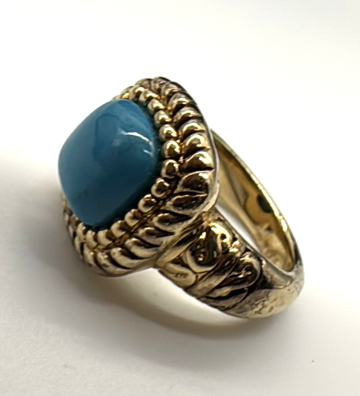 Gold Over Sterling Silver Ornate Ring – Blue Stone Center – Size 6