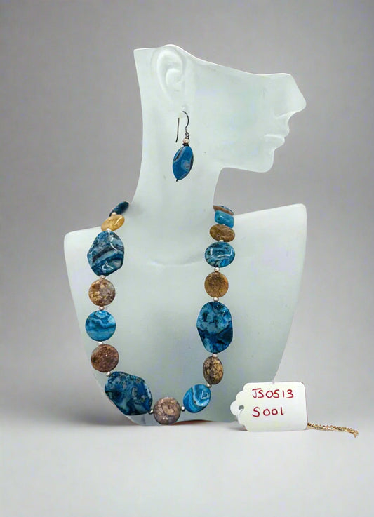 Sterling Silver Bold Blue & Earth Tone Beaded Necklace & Earring Set