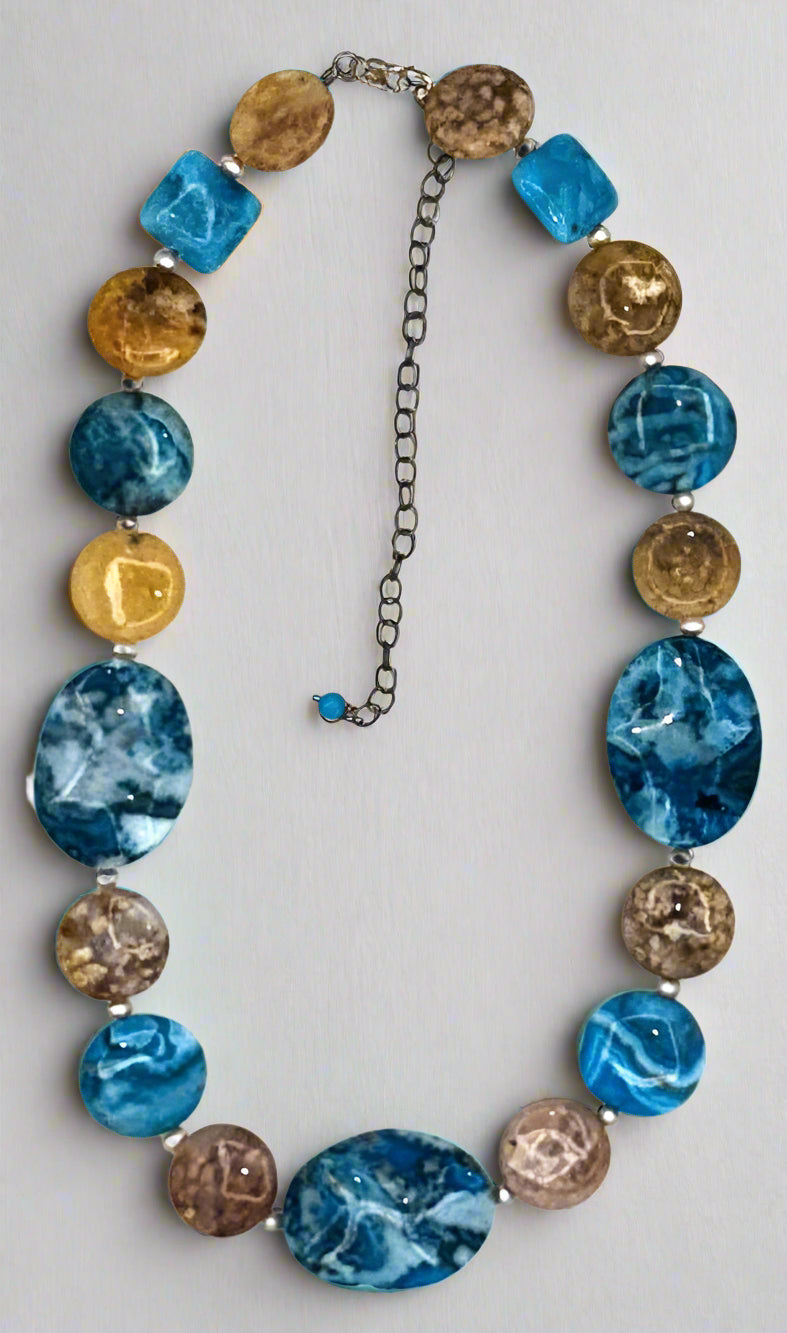 Sterling Silver Bold Blue & Earth Tone Beaded Necklace & Earring Set